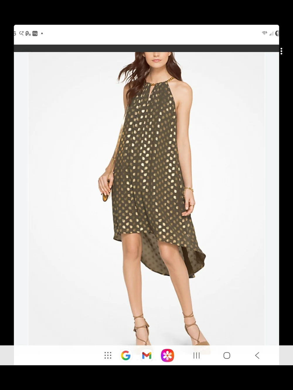 Michael Kors Olive Green Halter High-Low Dress with Gold Dot Print
